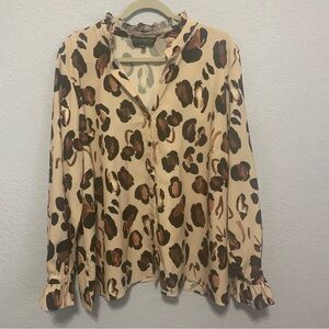 Eloquii Animal Print Ruffle Long Sleeve Plus Size Top